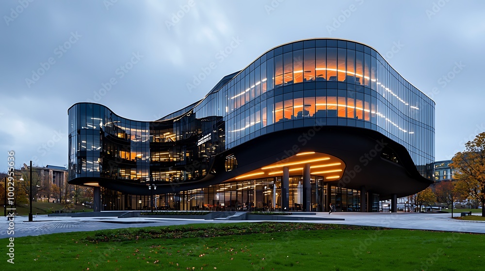 A modern glass office building curves gracefully, its illuminated interior glowing at dusk. A modern glass office building curves gracefully, its illuminated interior glowing at dusk.