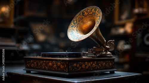 Vintage Gramophone with Spinning Turntable and Horn