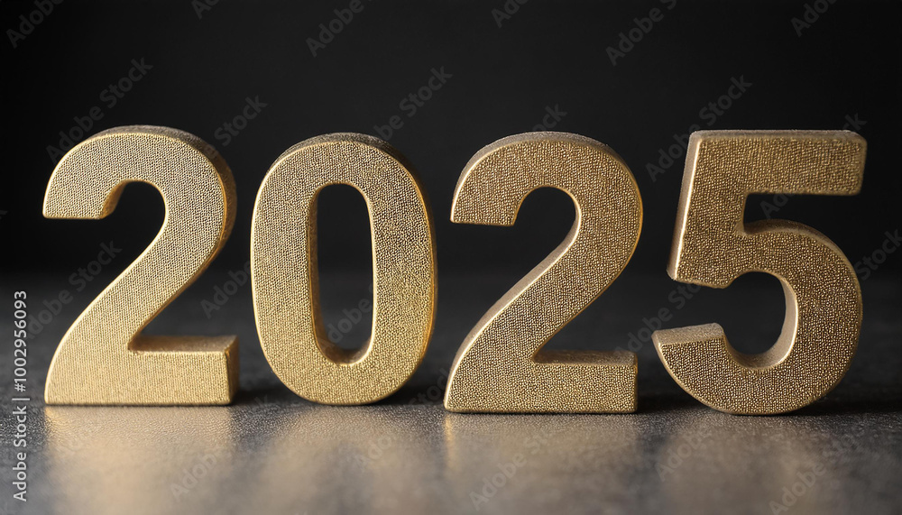 Golden number 2025 on black backdrop, Christmas light bokeh. New Year.