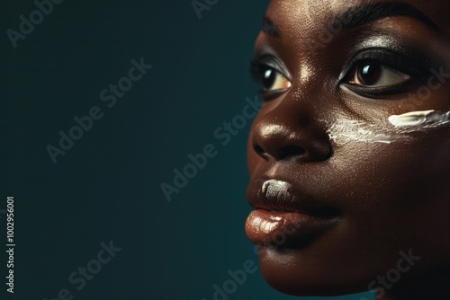 Dark-skinned woman applies white makeup to her face in beauty studio, surrounded by gradient blue-green background. Focus is on lower half of her face, highlighting her skin tone and facial features.