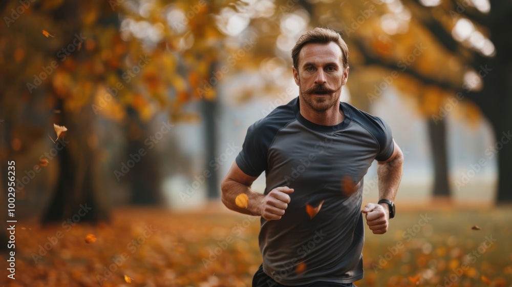 Autumn Fitness Journey: Man Running in Park for Physical Health and Wellness Autumn Fitness Journey: Man Running in Park for Physical Health and Wellness