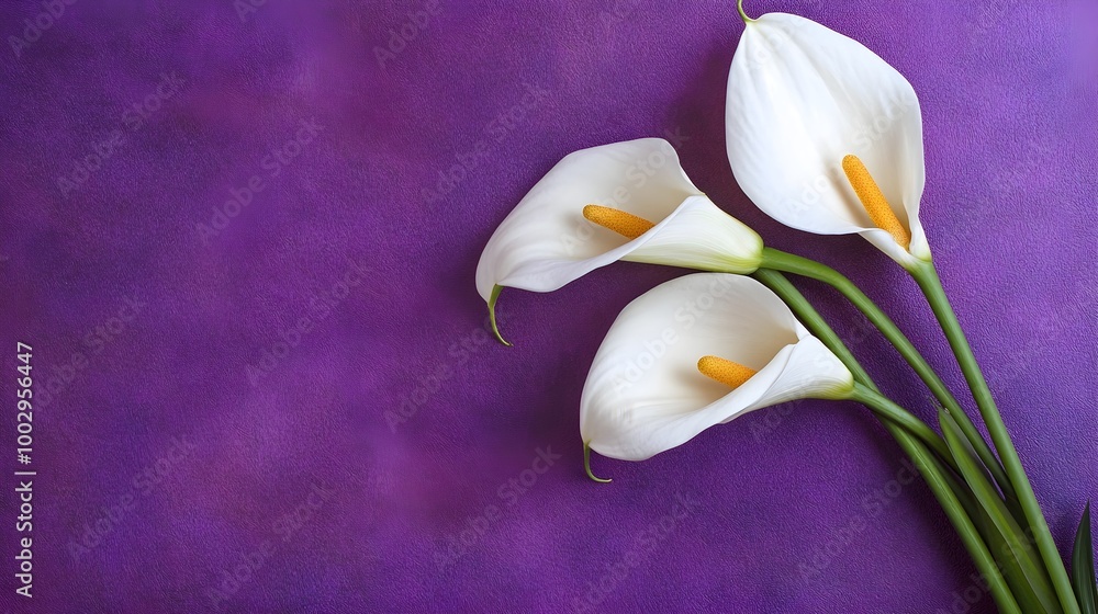 Obraz premium three white calla lilies with long green stems. The flowers have a smooth, elegant shape with a single yellow spadix in the center of each. They are arranged on a rich purple background