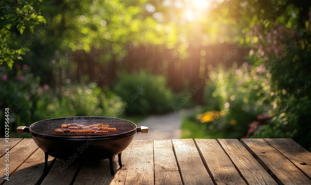 Summer time in backyard garden with grill BBQ, wooden table, blurred background, Generative AI Summer time in backyard garden with grill BBQ, wooden table, blurred background, Generative AI