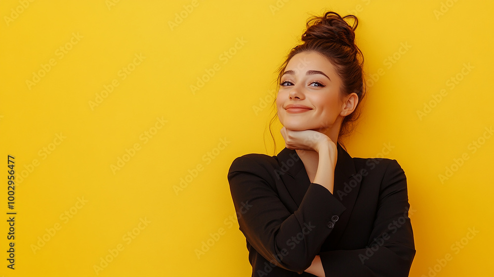 Happy young business woman posing isolated on yellow background Happy young business woman posing isolated on yellow background