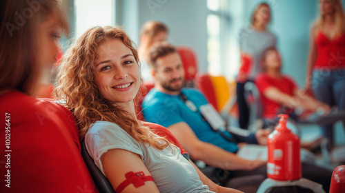 Smiling woman donating blood in a clinic setting