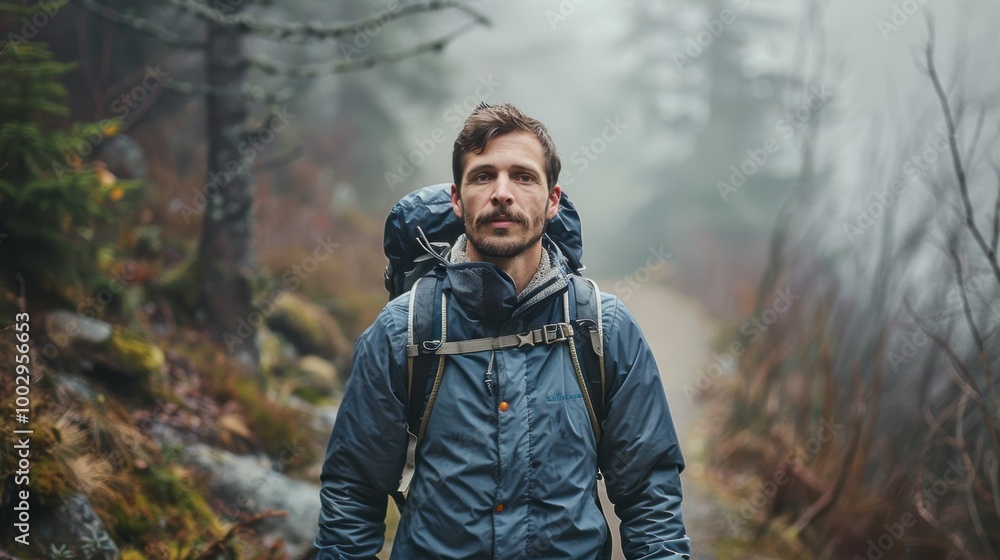 Man with Movember Mustache Hiking on Forest Trail - Adventure, Nature Photography, Outdoor Exploration Man with Movember Mustache Hiking on Forest Trail - Adventure, Nature Photography, Outdoor Exploration