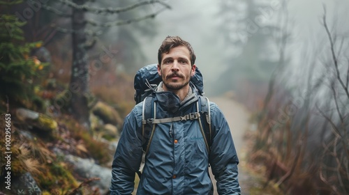 Man with Movember Mustache Hiking on Forest Trail - Adventure, Nature Photography, Outdoor Exploration