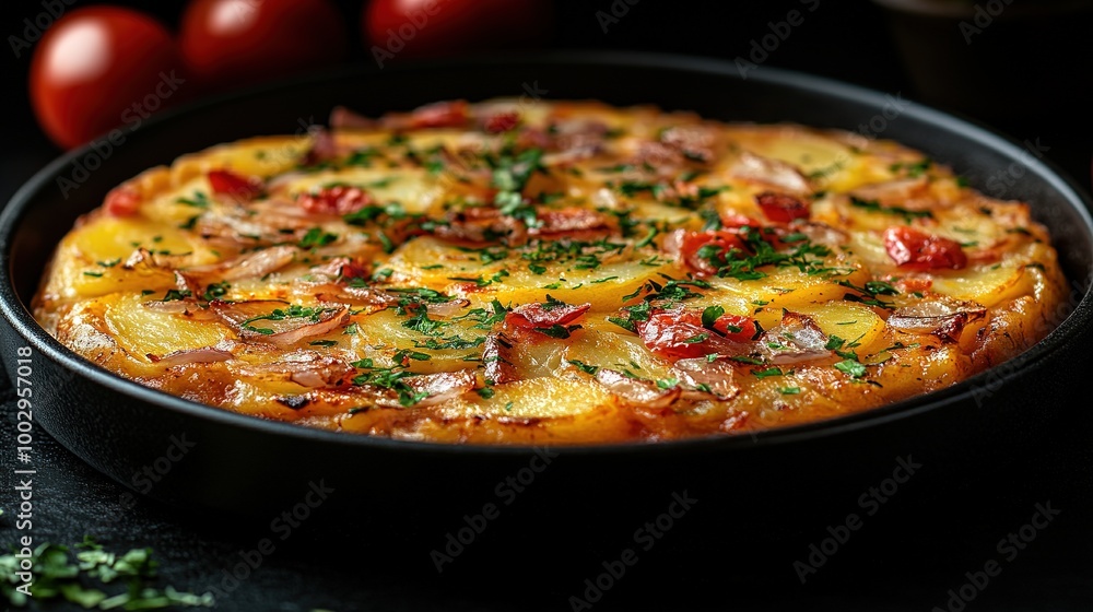 An overhead photo of a Spanish tortilla in a traditional tortilla, with parsley, on dark rustic textures with ingredients An overhead photo of a Spanish tortilla in a traditional tortilla, with parsley, on dark rustic textures with ingredients