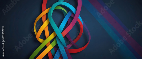 World Autism Awareness Day background featuring a vibrant rainbow-colored infinity symbol on a blue backdrop, symbolizing autism, ADHD, and neurodiversity inclusion and support-Copy Space
