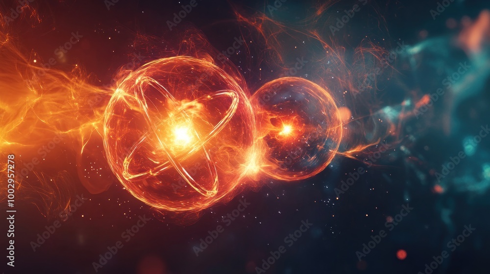 Abstract representation of atomic structures with glowing effects and cosmic elements. Abstract representation of atomic structures with glowing effects and cosmic elements.