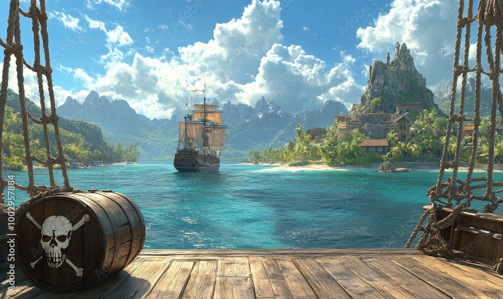Obraz premium A background view from a pirate ship's deck looking towards a tropical island with a hidden Corsair treasure chest, featuring a battleship with a skull and crossbones, Generative AI