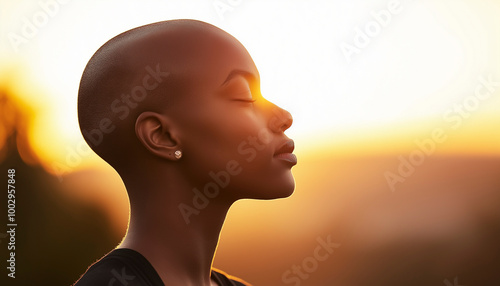 Mulher negra careca com cabeça raspada meditando na hora dourada. Perfil lateral sincero de uma jovem mulher afro-americana com perda de cabelo por alopecia praticando ioga de bem-estar e meditação a photo