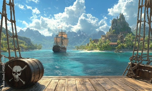 A background view from a pirate ship's deck looking towards a tropical island with a hidden Corsair treasure chest, featuring a battleship with a skull and crossbones, Generative AI