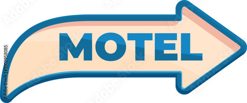 Blue and beige motel sign pointing to the right with a curved pole