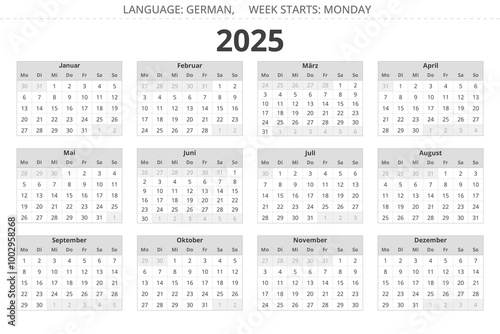 2025 year GERMAN calendar. Vector illustration for Germany, grey colors