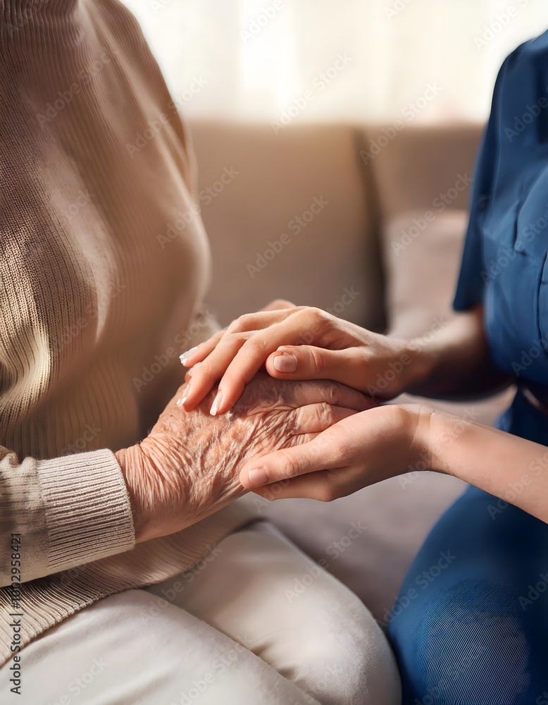 Two hands. A young woman holds the hand of an older woman. Caregiver at home.