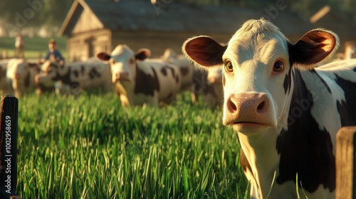 Vivid Dairy Farm Scene with Cows Feeding on Green Fodder in Rustic Barns under Cinematic Light