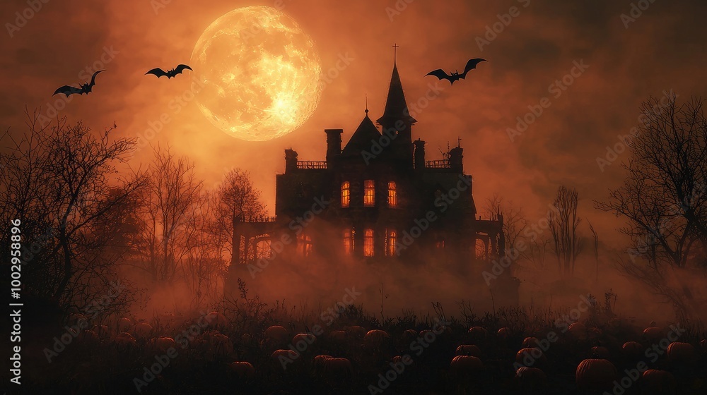Haunted House with Full Moon and Pumpkins, Eerie Halloween Night Haunted House with Full Moon and Pumpkins, Eerie Halloween Night