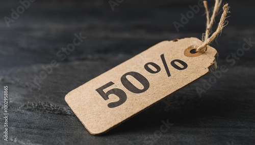 Sale tag with text 50% off on black background. For promoting discounts and shopping events.