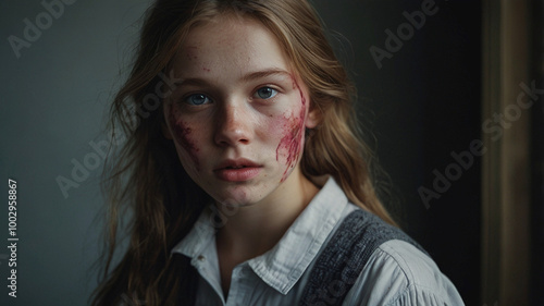 Portrait of a beautiful young girl with a scars and injures on her face. She is hurt, in pain and looking for help