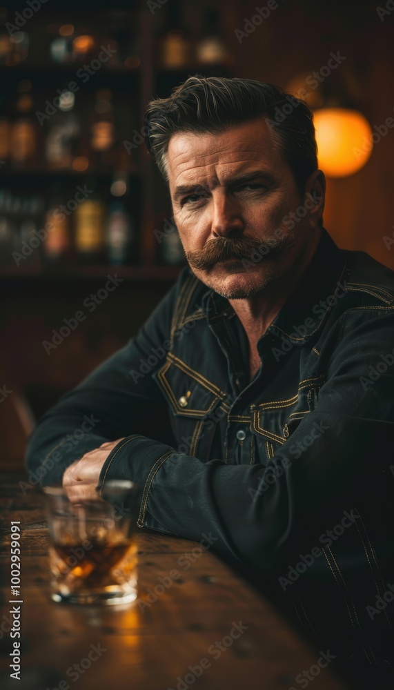 Moody, High-Contrast Photo of Man at Bar with Whiskey Glass, Dramatic Lighting for Poster Design Moody, High-Contrast Photo of Man at Bar with Whiskey Glass, Dramatic Lighting for Poster Design