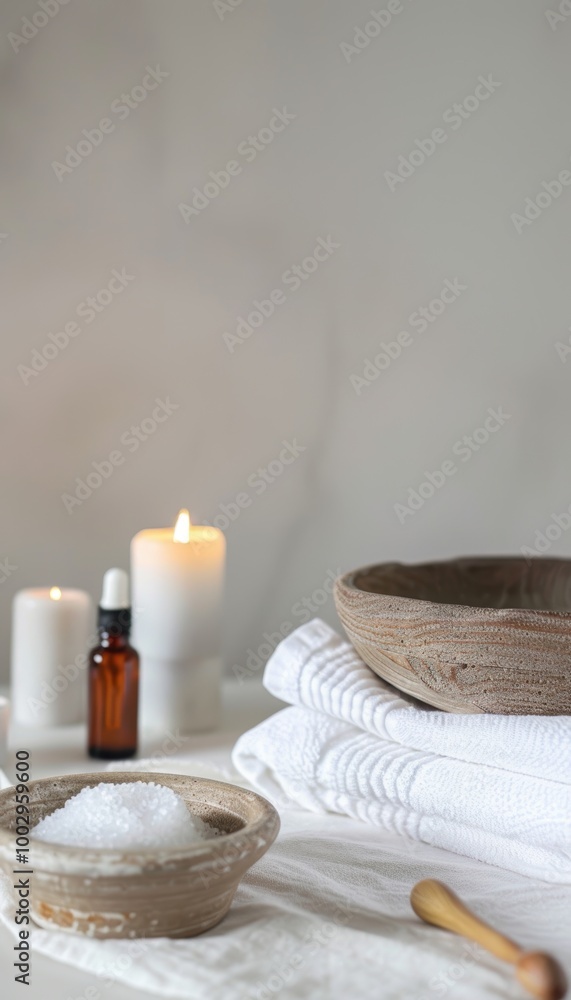 Serene Spa Setup with White Towels, Essential Oils, and Candles for Relaxation and Natural Healing Serene Spa Setup with White Towels, Essential Oils, and Candles for Relaxation and Natural Healing