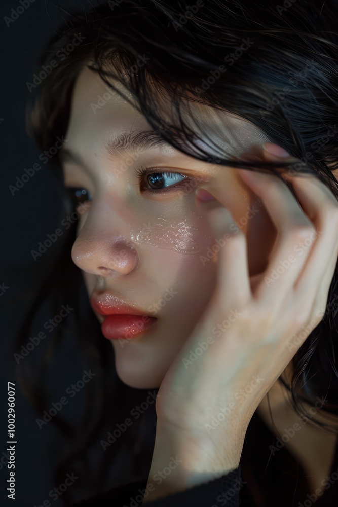 A beautiful Asian woman with dark hair and red lipstick applies eye cream on her face in a relaxed atmosphere. Her left hand gently rests on her cheek as she focuses on the product application. A beautiful Asian woman with dark hair and red lipstick applies eye cream on her face in a relaxed atmosphere. Her left hand gently rests on her cheek as she focuses on the product application.