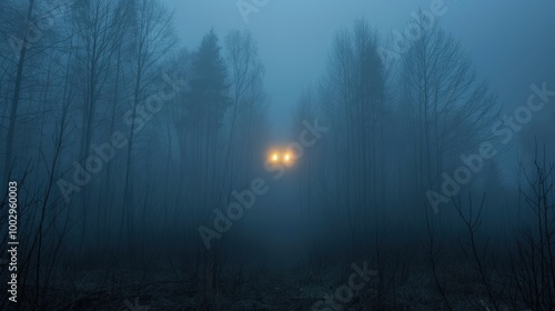 Foggy night in dense forest with two eerie glowing lights in distance among leafless trees creating spooky mysterious atmosphere unsettling suspenseful mood scene emphasizes fear isolation.