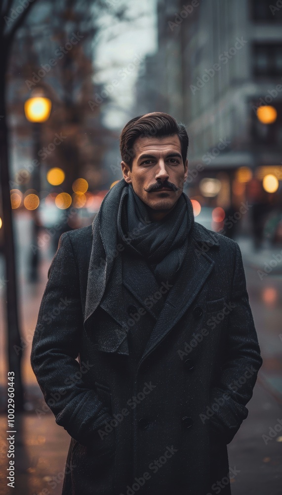 Urban Style Gentleman with Mustache on City Street in Winter - Editorial Fashion Photography Urban Style Gentleman with Mustache on City Street in Winter - Editorial Fashion Photography