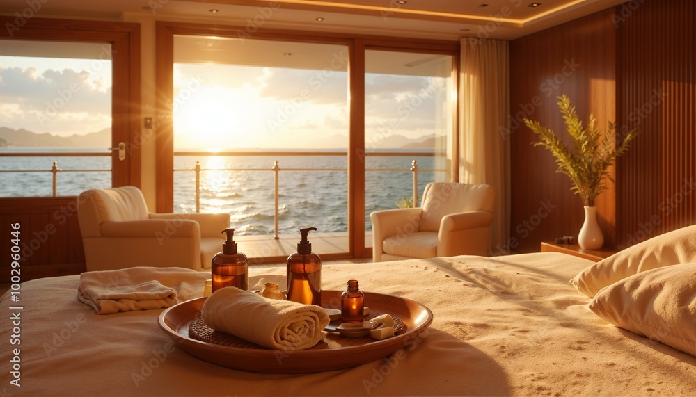 Fototapeta premium Luxurious spa interior on a ship with warm lighting and ocean backdrop 