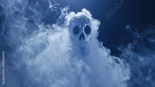 skull emerging from thick swirling smoke in a dark background. The contrast between the white smoke and the dark void creates a haunting and eerie atmosphere, evoking a sense of death and mystery.