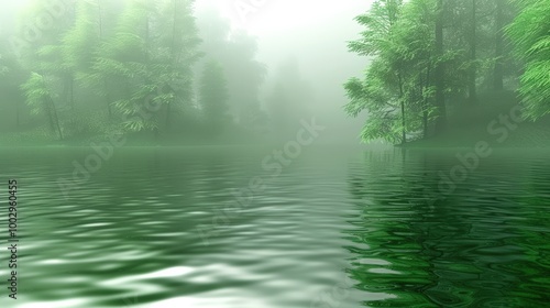 Still, misty lake surrounded by fog-covered trees. The calm water reflects the green foliage, creating a serene and tranquil atmosphere, with the mist adding a mystical and eerie feel.