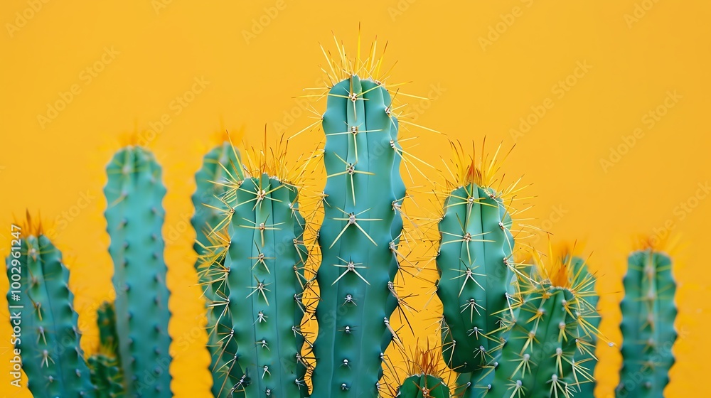 Naklejka premium Close up of new cactus stems with a yellow backdrop bound by blue algae cream in an open cap
