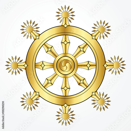 Golden Dharma wheel. Dharmachakra Buddhism sacred symbol. Isolated vector illustration