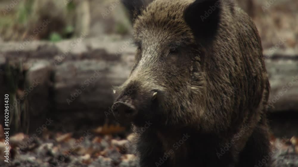 communication between two wild boars in the forest in autumn communication between two wild boars in the forest in autumn