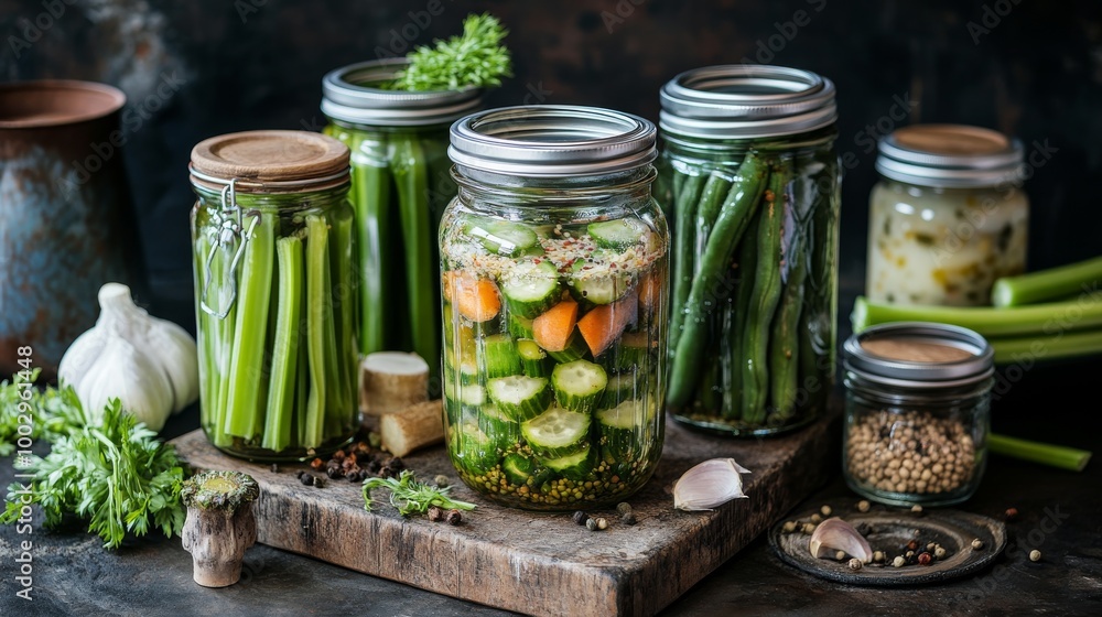 Green beans, celery, and cucumbers are pickled in jars. These are some of the foods people preserve in the fall. Green beans, celery, and cucumbers are pickled in jars. These are some of the foods people preserve in the fall.