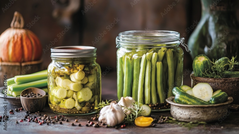 Green beans, celery, and cucumbers are pickled in jars. These are some of the foods people preserve in the fall. Green beans, celery, and cucumbers are pickled in jars. These are some of the foods people preserve in the fall.