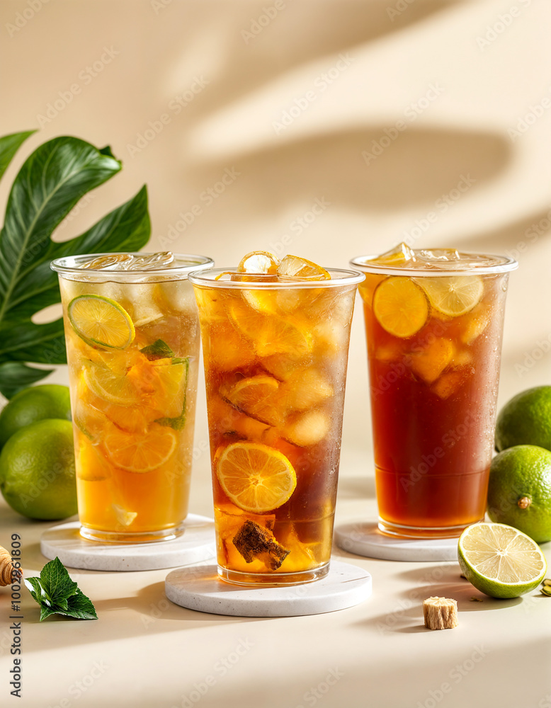 Fototapeta premium Refreshing Citrus Iced Tea Trio on Sunny Day