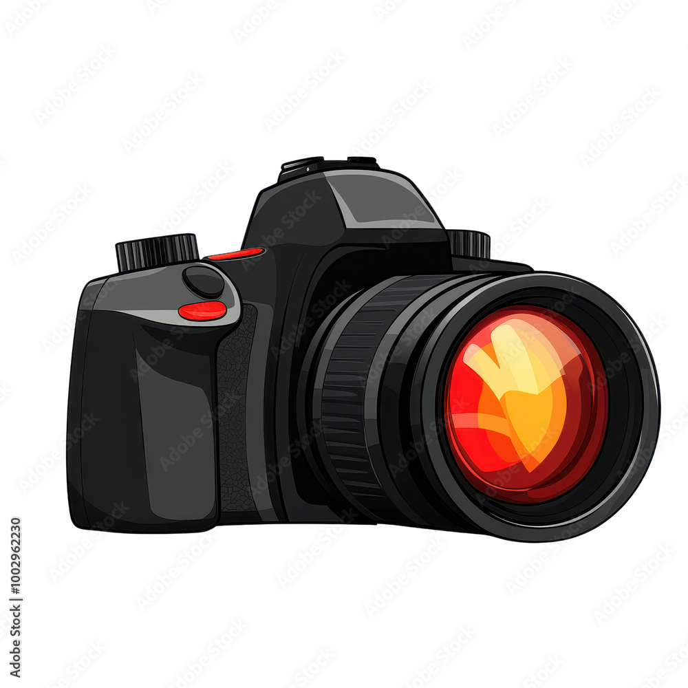 Professional camera illustration with a detailed lens, white isolated background. Professional camera illustration with a detailed lens, white isolated background.