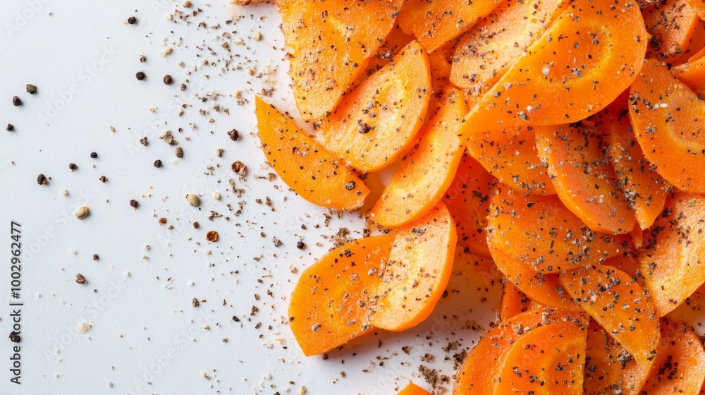 Sliced carrots, preserved in brine and spices, against a white backdrop. Sliced carrots, preserved in brine and spices, against a white backdrop.