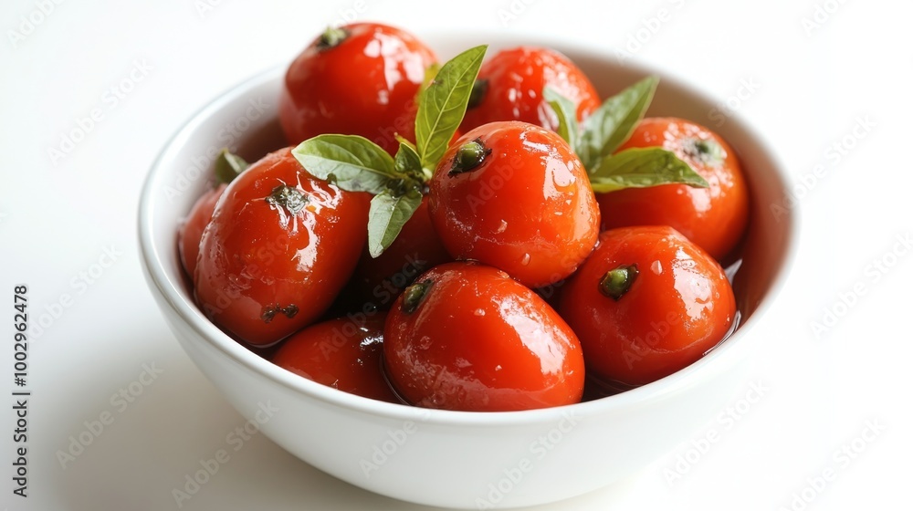 Small, red hot peppers, pickled and ready to eat, sit in a bowl against a white background. These spicy peppers are perfect for adding a kick to your meals. Small, red hot peppers, pickled and ready to eat, sit in a bowl against a white background. These spicy peppers are perfect for adding a kick to your meals.