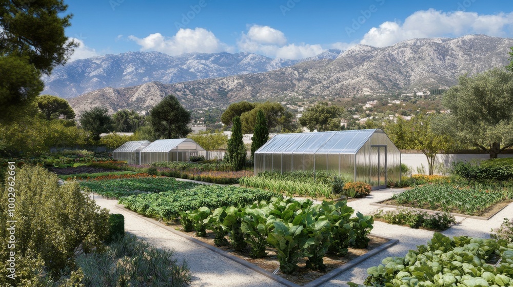 3D render of Apoplois greenhouses in the mountains with growing vegetables inside 3D render of Apoplois greenhouses in the mountains with growing vegetables inside
