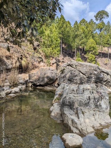 Rocks surrounding a small pool of water