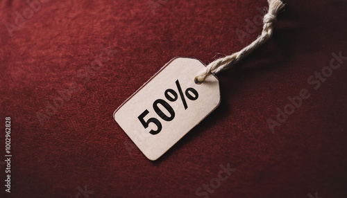 Sale tag with text 50% off on red background. For promoting discounts and shopping events.