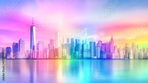 a colorful, artistic depiction of a city skyline, likely representing New York City. The skyline features tall skyscrapers, including the distinctive One World Trade Center