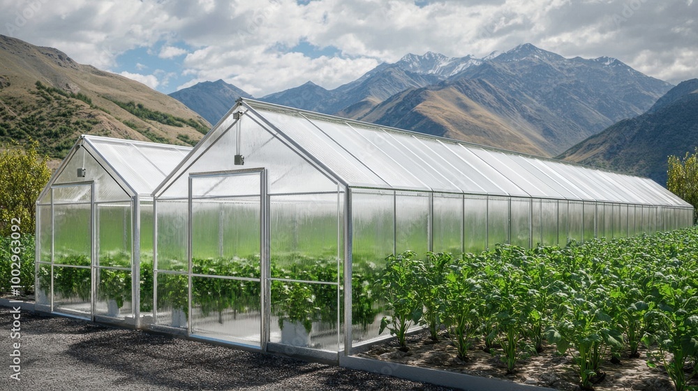 3D render of Apoplois greenhouses in the mountains with growing vegetables inside 3D render of Apoplois greenhouses in the mountains with growing vegetables inside