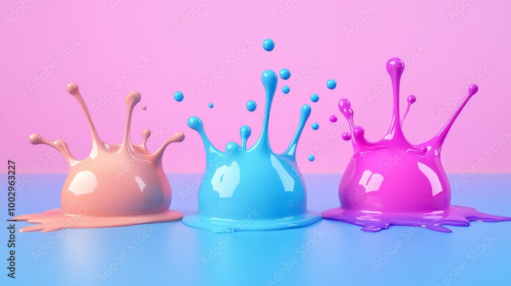 Three colorful, 3D icons shaped like liquid bubbles or paint splatters. They have a modern, minimalist design, perfect for adding a fun touch to any project. Three colorful, 3D icons shaped like liquid bubbles or paint splatters. They have a modern, minimalist design, perfect for adding a fun touch to any project.