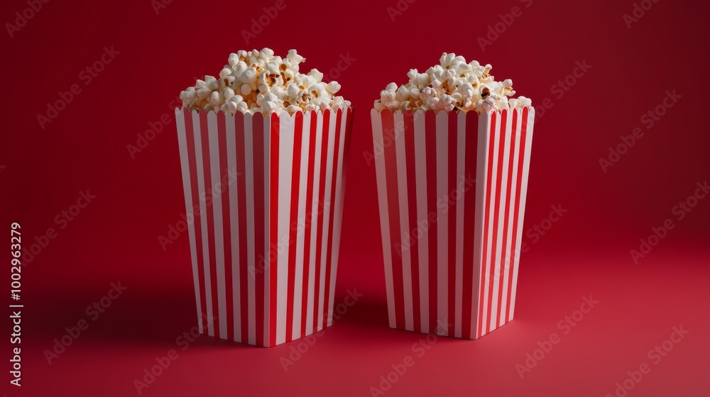 Two boxes of popcorn sit against a red backdrop. Two boxes of popcorn sit against a red backdrop.