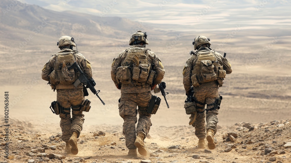 Tactical Military Team Patrol in Desert Landscape - Defense and Strategy Concept Tactical Military Team Patrol in Desert Landscape - Defense and Strategy Concept