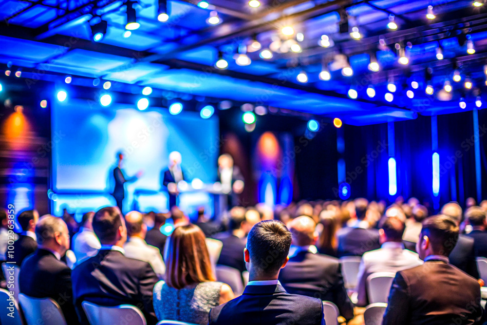 Business Conference Speaker Presenting to a Large Audience in a Professional Setting, on dark blue background Business Conference Speaker Presenting to a Large Audience in a Professional Setting, on dark blue background